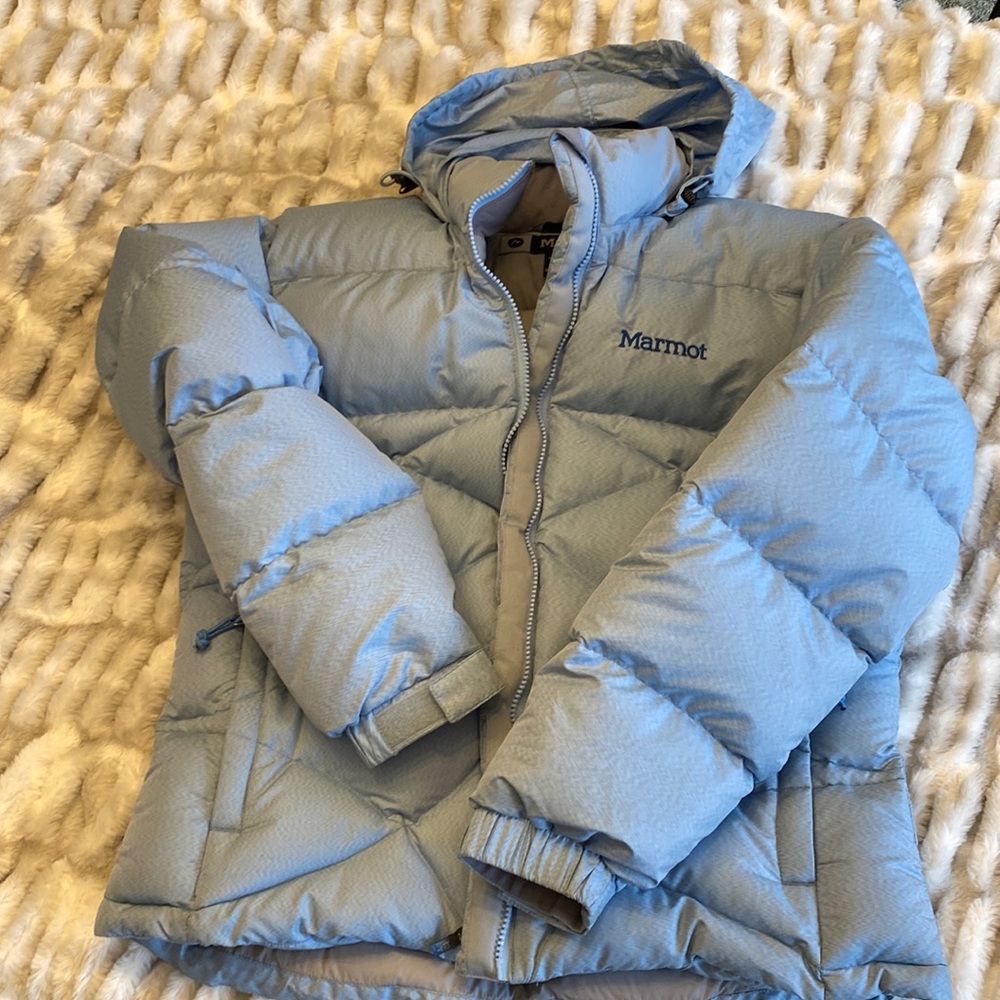 Marmot down jacket. Light blue. Size large. EUC.